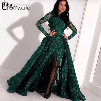 Zelená Dlhé Rukávy Moslimských Večerné Šaty 2020 Čipky Sequin Štrbinou Dubaj Kaftan Saudskej Arabčina Elegantné Formálne Šaty Večerné Šaty