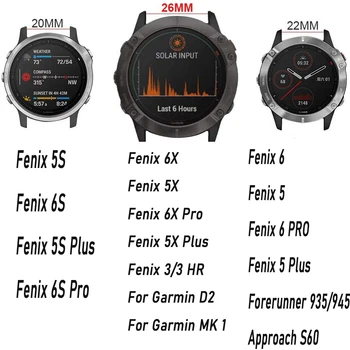 26 22 MM Silikónové Rýchle Uvoľnenie Watchband Popruh Pre Garmin Fenix 6X 6 Smart Hodinky Easyfit Zápästie Príslušenstvo Fenix 5X 5 3 3-LR 935
