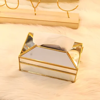 Zlaté Kovové Zrkadlo tkaniva box Elegantné sklenené make-up tkaniva skladovanie obrúsok držiteľ Ploche Úložný Box Domov Šperky, Dekorácie