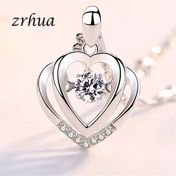 ZRHUA Wholesales Šperky 925 Sterling Silver Náhrdelník Dvojitý Prívesok Srdce Cubic Zirconia 18