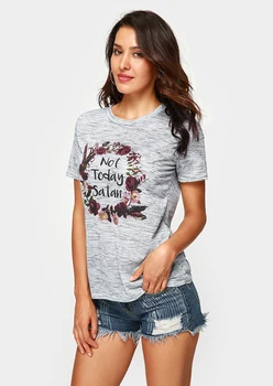 Plus Veľkosť Ženy T-Tričko Krátky Rukáv, Nie je Dnes Satan Kvetinové T-Shirt 2018 Lete Bežné Ženské tričko Šedej Dámy Topy Tee 3XL