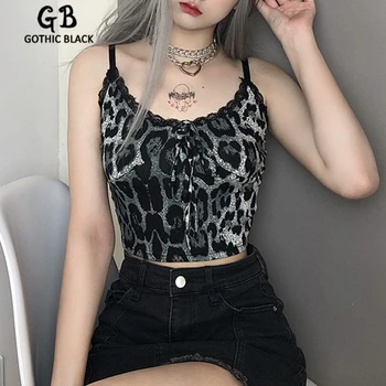 Gothblack Streetwear Slim Backless Čipky Leopard Košieľka Gotický Ženy Spájať Luk Tank Top Žena Lete Nočný Klub Strany Topy