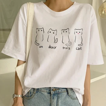 Kawaii Cat T Shirt Mňau Ženy Legrační Karikatúra Tlač Tričko Harajuku 90. rokov Grafické T-shirt Letné Krátke Rukáv Top Módne Tee Žena