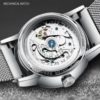 Originálne Luxusné BINGER Značky Mužov plnej ocele automatické mechanické muž kožený remienok hodiniek self-vietor cruve povrchu big blue dial