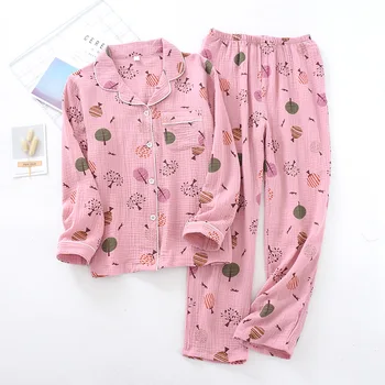 Ženy, Bavlna Dlhým rukávom Pyžamo Krepové Tlač Pijama Mujer Plavky Jeseň Tenké Sleepwear Domáce Oblečenie 2 Kus Oblek