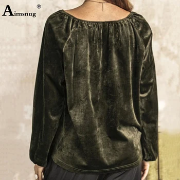 Aimsnug Plus veľkosť 3xl Farbou 2020 Jar Jeseň kórejský Velvet Topy Ženy Bežné Blue Gray Vinatge T-shirt Dámske Oblečenie