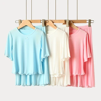 Deti Modálne Rebra Oblek Dievčatá Polovičný Rukáv Culottes Tepláková súprava Letná Nové deti pyžamá