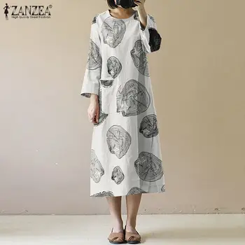 ZANZEA Plus Veľkosť Vintage Vytlačené Sundress Ženy Jeseň Bavlnená posteľná Bielizeň Šaty Bežné Dlhý Rukáv Kaftan Vestidos Župan Femme Šaty