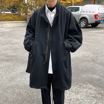 Kórejský Zákopy Srsti pánskej Módy Bežné Stojan Golier Dlhá Srsť Mužov Streetwear Voľné Jeseň Windbreaker Bunda Mens Kabát