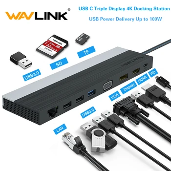 Wavlink USB C Triple Displej Dokovacej Stanice 4K mtf so sídlom USB Power Dodanie maximálne 100W s USB3.0 DP/HDMI/VGA pre systém Windows/Mac OS