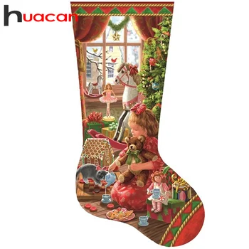Huacan 5D Diamond Maľovanie na Vianoce Ponožky Cross Stitch Mačka Diamond Výšivky Mozaiky Dievča Ručné Darček Remeselníci