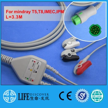 Jeden kus EKG kábel s 3 klip vedú vodiče pre mindray T5,T8,IMEC,IPM pacienta monitor
