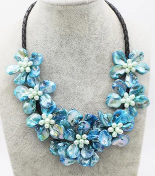 WOW! sladkovodné perly ryže a modrá shell kvetina náhrdelník prírody, 18-palcové prírody FPPJ veľkoobchod