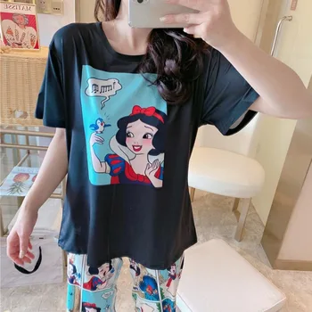 Disney Schneewittchen Princess Minnie Mickey Mouse Karikatúra Tlače Ženy T-Shirt Short Sleeve Tee Topy Teľa-Dĺžka Nohavice 1 Sady