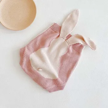 Jeseň Baby Girl Dieťa Detí Králik Ucho Farby Zodpovedajúce Pletené Vlnené One-Piece Suit Baby Kombinézu Trojuholník Plazenie Oblečenie