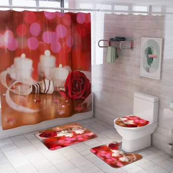 4Pcs/set Kúpeľňa Mat Nastaviť Non-slip Valentína Okvetné Lístky ruží Vaňa Mat Sprchový Záves Rohože Umývateľný Kúpeľňa Wc Koberec