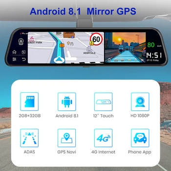 Antcam 12 Palcový 4G Android 8.1 Auta DVR Spätné Zrkadlo GPS Navigátor ADAS 2G RAM + 32 G ROM 1080P Dash Fotoaparát, WiFi Video Rekordér