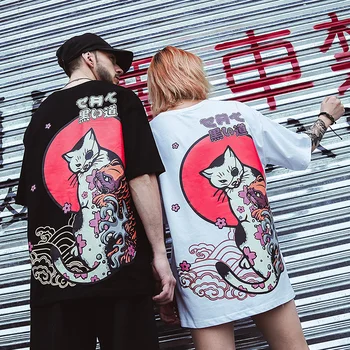 Japonský Ukiyo Mačka Vytlačené T Košele Muži Ženy 2019 Lete Streetwear Vtip Krátky Rukáv Tees Hip Hop Bežné Tshirts