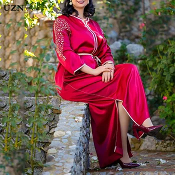 UZN Elegantné Červené Marocký Kaftan Formálne Večerné Šaty Korálkové 3/4 Dlhý Rukáv arabské Moslimské Zvláštne Príležitosti Šaty Party Šaty