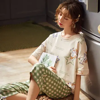 Pajama Sady Ženy Teľa-dĺžka 2XL kórejský Štýl Jednoduché Tlačené Sleepwear Kawaii Študentov Voľné Voľný čas Kvalitné Dámske Elegantné
