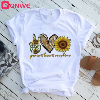 Ženy, Pokoj, Láska Sunshine Tlače Slnečnice Tričko Dievča Harajuku Bežné Biely Top Tričko 2020 Lete Žena T-Shirt,Drop shipping