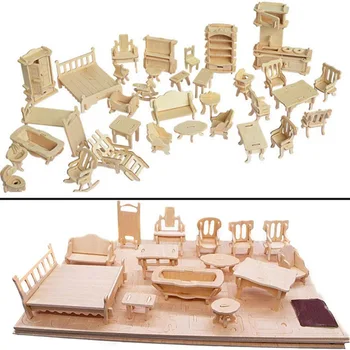 Miniatúrne 1:12 domček pre bábiky Nábytok pre Bábiky,Mini 3D Drevené Puzzle DIY Budovy Model Hračky pre Deti Darček