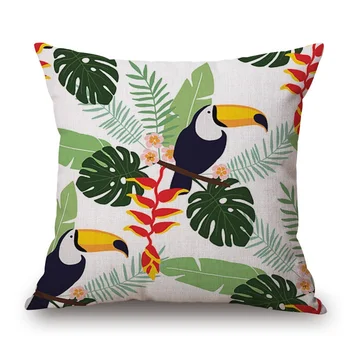 Tropické Rastliny Jungle Listy Vankúše Vták Flamingo toucan Papagáj Ibištek Kvety Vankúš Béžová Bielizeň, obliečky na Vankúš