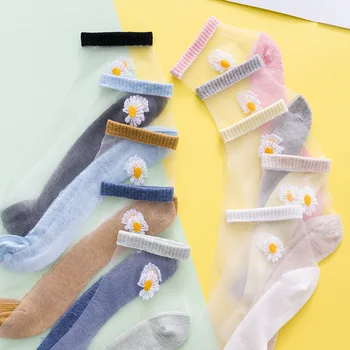 5 Párov/Pack Lete Ultratenké Žena Ponožky Transparentné, Hodvábne Kórejský Štýl Malé Sedmokrásky Členkové Ponožky Pre Ženy