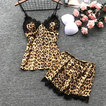 Sexy Ženy, Leopard Vytlačené Čipky Nočný Spánok Nosenie Set Spodnej Bielizne V Krku Lete Sleepwear Špagety Popruh Nočný Spánok Nosenie