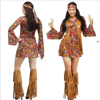 V Groovy 60 Dospelých Žien Hippie Kostým Peace & Love Flower Power kostum kleid ženy 70. maškarné kostýmy