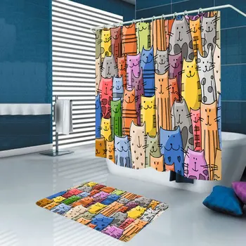 Nepremokavé Kúpeľňa Farebné Cat Vytlačené Vaňa Nepremokavé Opony 3D Polyester Textílie Sprchový Záves Wc Kryt Mat Nastaviť