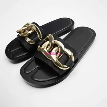 2020 Nové Dámske Šľapky a Sandále Čierne Kovové Reťaze Vyzdobený Byt Sandále RA Split Prst Ženy Listov ROVNAKÝ Dizajn ZAR Topánky