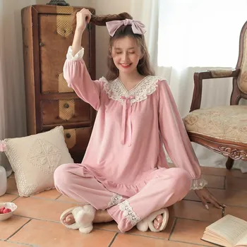 Sladké Velvet dámske Pyžamo Dlhý Rukáv Sady Jeseň Zima Vintage Princezná Čipky tvaru Voľné Sleepwear Pohodlné Pyžamá