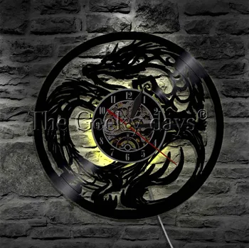 Dungeon Master Dragon LED Svietidlá Nástenné Art Tattoo Tribal Wall Art Teen Izba Dekor Vinyl Hodiny, Dekoračné Hodiny