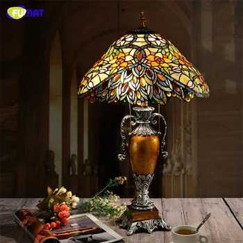 FUMAT Európsky Štýl Pastoračnej Stolové Lampy, Vintage výtvarné Umenie vitráže Stojan Svetlá Tiffany Kvetinový Tieni Tabuľka Svetlá