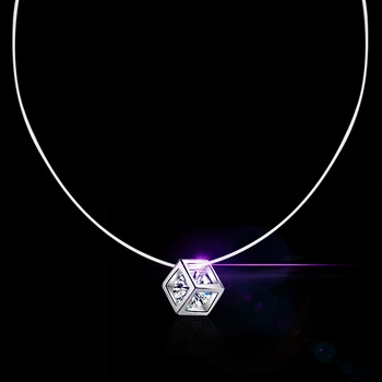 Nové 925 Silver Transparentné Vlasec Náhrdelník Clear Kocka Zirkón Prívesok Šumivé Choker Náhrdelník Hot Predaj Ženy Šperky