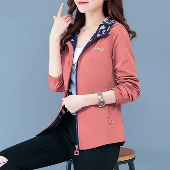 Nový obojstranný Nosenie Windbreaker Žena Jar Jeseň Oblečenie kórejský Tlač s Kapucňou Krátka Bunda Plus Veľkosti 4XL Ženy Coats Topy
