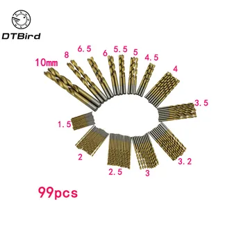99pcs Titán HSS Vrtákov Potiahnuté 1,5 mm - 10 mm z Nehrdzavejúcej Ocele HSS vysokorýchlostné Vŕtačka Bit Nastavený Na Elektrické Vŕtačky Nástroje