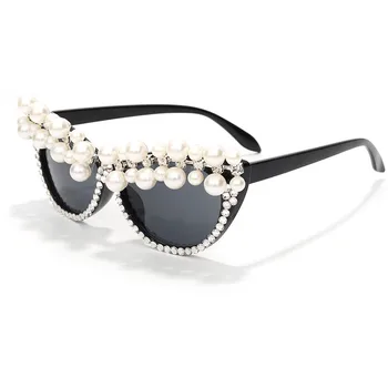 Luxusné Značky Dizajnér Cat Eye slnečné Okuliare Ženy 2020 Vintage Punk Pearl Slnečné Okuliare Cateye Okuliare Black UV400 Oculos