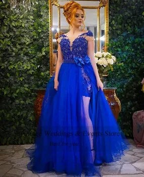 Sevintage Kráľovská Modrá Rozrezal Bočné Dlhé Večerné Šaty 2021 Perly Čipky 2 Kusy Žena Formálne Party Šaty Na Zákazku Prom Šaty
