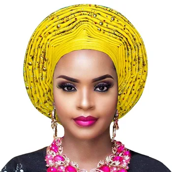 Aso oke headtie s korálkami diamond aso oke nigérijský headtie Afriky auto gele aso ebi ženy turban krásne headwrap