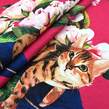 98*142cm/ks rose červené Krásna mačka digitálne maľovanie tlač pivónia žakárové tkaniny pre vianočné šaty textílie patchwork tissus tela