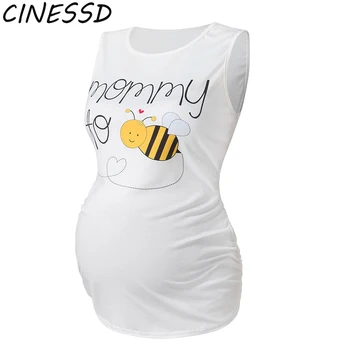 Plus Veľkosť Materskej Topy Ženy Leto bez Rukávov Bee Tlač Oblečenie pre Tehotné Bežné Vesta Tehotenstva Tričko Tee Materskej Handričkou