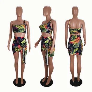 Ženy Mimo Ramenný Kravatu Prednej Hornej & Tropických Tlač Sukne Nastaviť Bežné 2 Kusy Nastaviť Dámske Oblečenie Pláži Letné Oblečenie