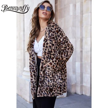 Benuynffy Veľké Vrecko Leopard Umelú Kožušinu Kabát Ženy Jeseň Zima 2020 Jediného Tlačidla Highstreet Dlhé Kabáty Voľné Žena Vrchné Oblečenie