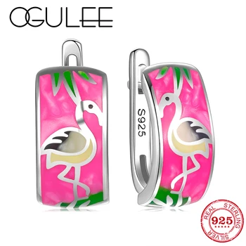 OGULEE 2020 Módne Flamingo Skutočné 925 Sterling Silver Rose Ružová Smalt Náušnice Originálne dizajnérske Šperky Strany Darčeky Bijoux