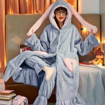 Ženy Pyžamo Pribrala Plus Velvet Flanelové Sleepwear Nastaviť Jeseň a v Zime Cartoon Plus Veľkosť dvojdielne Teplé Ženské Domáce Služby