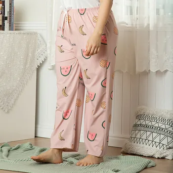 Plus Veľkosť Sleepwear Pyžamo Ženy Ružový Tlač Cartoon Odev Jar Jeseň Dlhé Nohavice Príležitostné Voľné Oblečenie Pre Voľný Čas Intímne Spodná Bielizeň