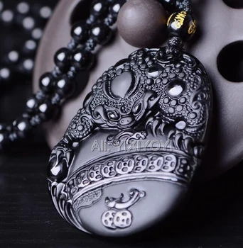 Krásne Čínske Handwork Prírodné Čierna Obsidián Vyrezávané Mince Ropucha PiXiu Požehnanie Šťastie, Amulet Prívesok + Perličky Náhrdelník Šperky
