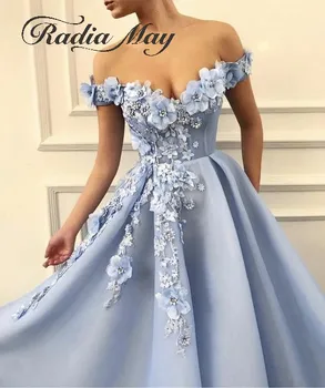 Elegantné Ramena Svetlo Modrej 3D Kvetinovým Večerné Šaty 2020 Nový Príchod Ženy Formálne Prom Šaty Zvláštne Príležitosti Šaty